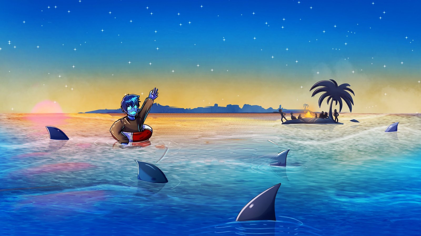 critz's channel art: a cartoon castaway waving from a life ring on a sunset ocean, shark fins circling, an island campfire in the distance.